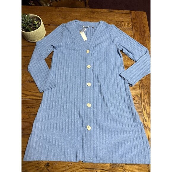 Soft SURROUNDINGS Sz Med ‘Marcelina Blue Button Down Duster Cardigan Sweater P47 - Picture 1 of 8